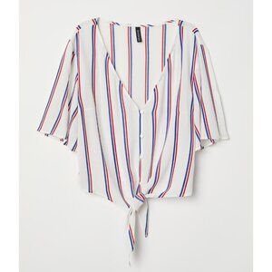 H&M V-Neck Tie-Hem Short Loose Sleeve Striped Blouse